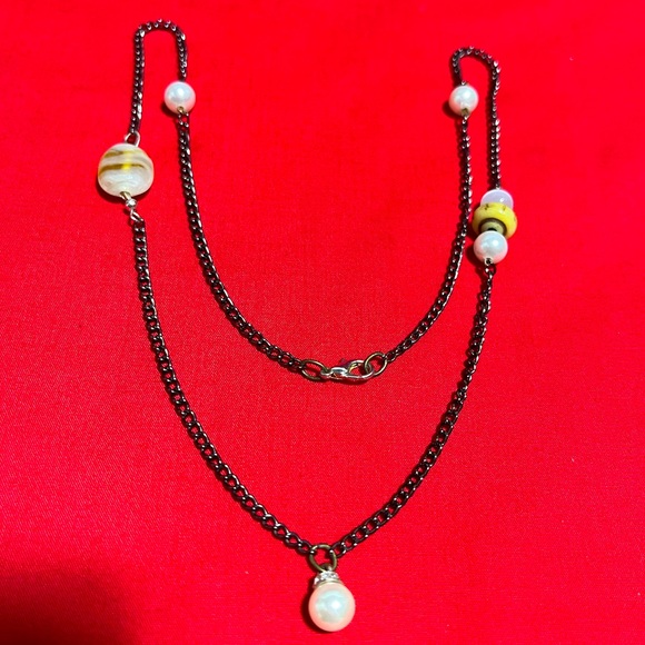 Vintage 24” Black Chain Necklace with Mixed Beads & Faux Pearl Drop Pendant - Picture 1 of 13